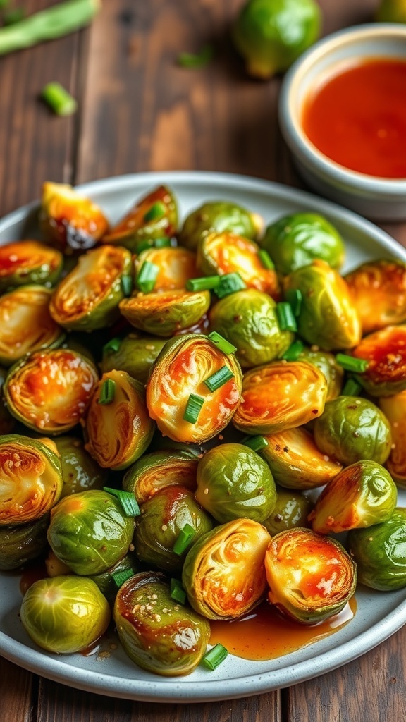 Crispy honey Sriracha Brussels sprouts garnished with green onions and sesame seeds on a rustic table.